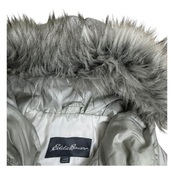 EDDIE BAUER Goose Down Silver Faux Fur Winter Puffer Parka Coat Jacket Womens S - Picture 5 of 8